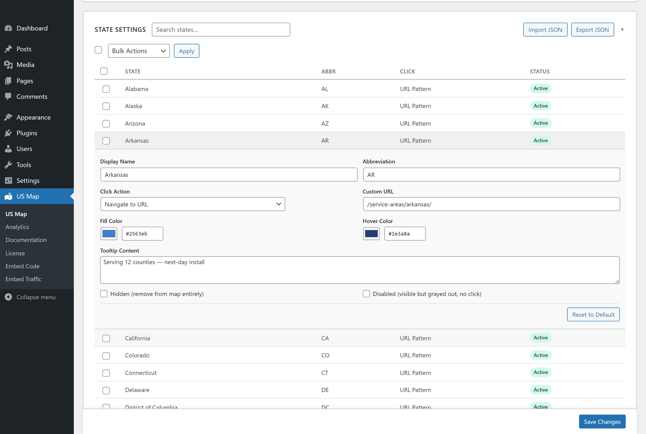 The US Map settings screen in the WordPress admin: a searchable list of all 52 states with Arkansas expanded, showing its display name, abbreviation, click action, custom URL, fill and hover colors, and tooltip text.